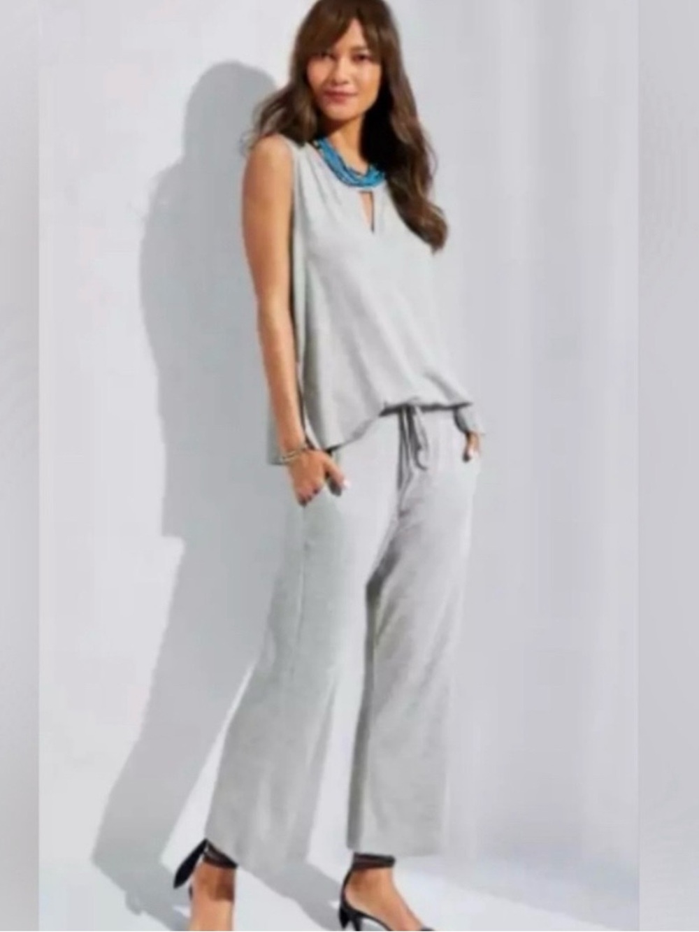 CAbi Light Gray Sleeveless Keyhole Tank & Drawstring Wide-Leg Jumpsuit